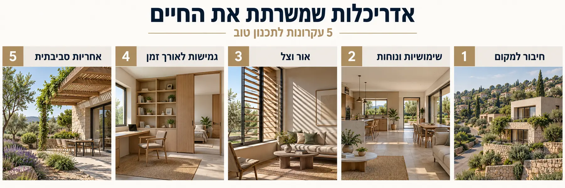 חמישה עקרונות לתכנון אדריכלי עם חיבור למקום, שימושיות ונוחות, אור וצל, גמישות לאורך זמן ואחריות סביבתית